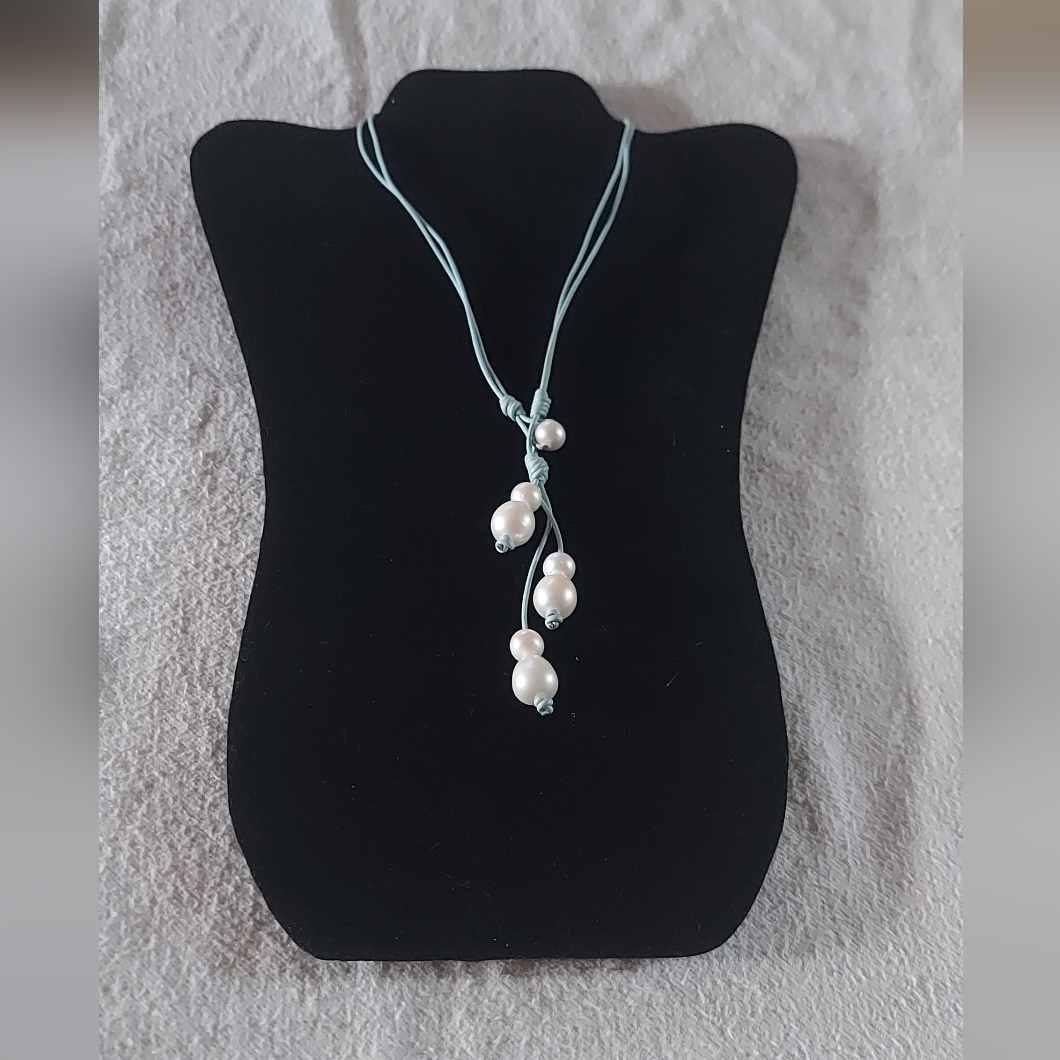 Handmade White Pearl & Light Blue Leather 2-Way Necklace